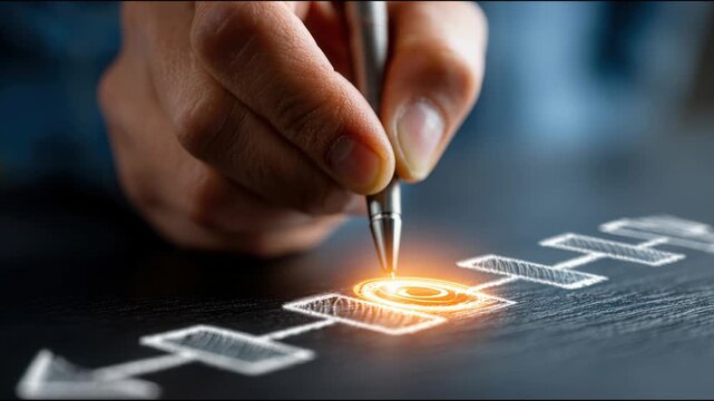 Person writing on paper with pen illustrating business continuity framework roadmap and professional concept. Writing Business Roadmap with Glowing Touchpoint &ndash; Animated Video Version