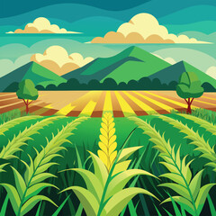 Green Agricultural Landscape with Mountains