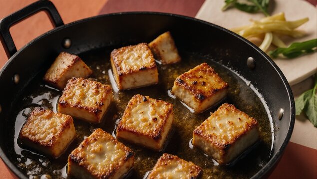 Deep-fried tofu in a cauldron styled after Okonomiyaki Japanese street food served with selective focus on the golden brown crispy exterior