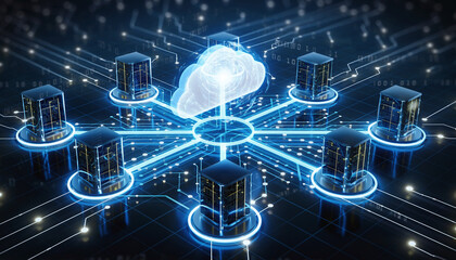 Digital cloud network connecting multiple glowing servers representing modern data center and cloud computing infrastructure