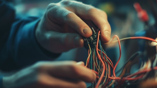 Close-up of hands working with electrical wires.