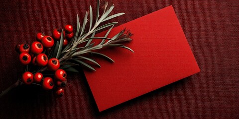 Red envelope with a dark red background featuring a pine branch and hawthorn berries on the left side for New Year card and Christmas atmosphere