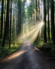 Obraz premium A foggy forest path with dappled sunlight breaking through the canopy, creating a mystical atmosphere