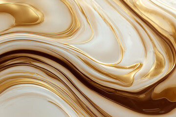 Obraz premium 고급스러운 골드 마블 추상 배경 - 크림과 금색의 유려한 곡선, Luxury Gold Marble Abstract Background - Cream and Golden Flowing Curves