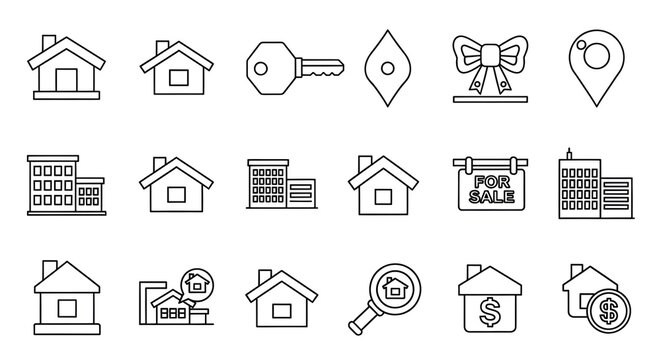 Collection of real estate outline icons representing property and housing market