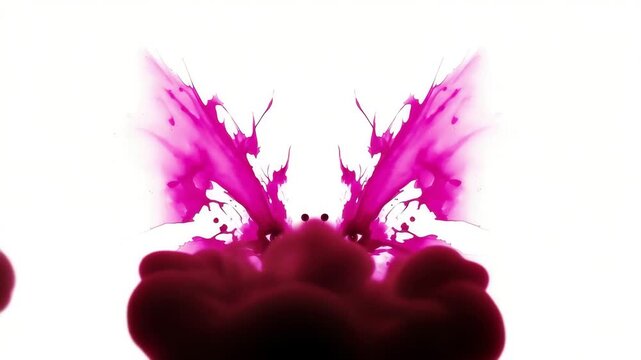 Rorschach inkblot test inspired symmetrical pink and black ink pattern isolated on white background
