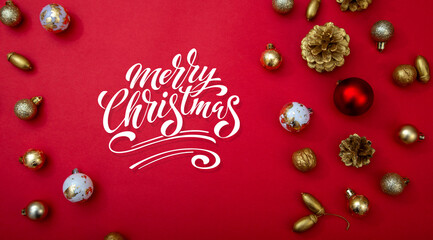 Merry Christmas and Happy New Year greeting card, frame, and banner. Holidays design. Noel and Feliz Navidad. Christmas gifts and decorations, top view. Flat lay.