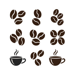 Nine coffee beans and two steaming cups of coffee icons vector