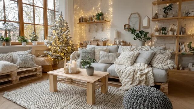 Spacious living room with glowing Christmas tree, cozy wooden pallet sofa and Scandinavian decor, bright winter holiday apartment interior ready for festive New Year celebrations