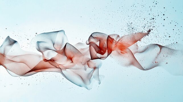 Abstract flowing forms of red and blue material with tiny dark particles scattered around against a very light blue backdrop.