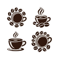 Four coffee cups and coffee beans graphic elements on white background steam