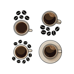 Four overhead views of coffee cups with scattered coffee beans drink beverage