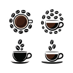 Four coffee cups with coffee beans arranged around and above them drink beverage