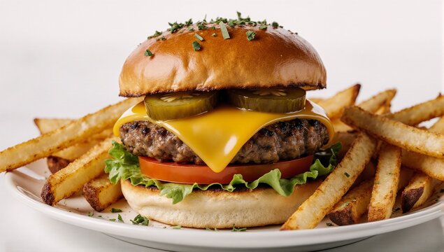 A mouthwatering cheeseburger with fresh ingredients and crispy golden fries ideal for any food lovers craving - Powered by Adobe