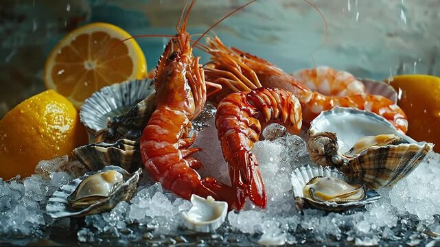 A vibrant and fresh seafood platter featuring large prawns, oysters, and scallops served on a bed of crushed ice with lemon halves.