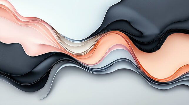 A layered abstract background with flowing, wavy shapes in shades of peach, pink, gray, and white, suggesting movement and depth.
