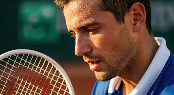Close up action shot of a professional tennis player on a clay court during a match