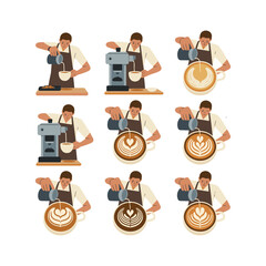 Barista making latte art in coffee cups with espresso machine and pastries vector