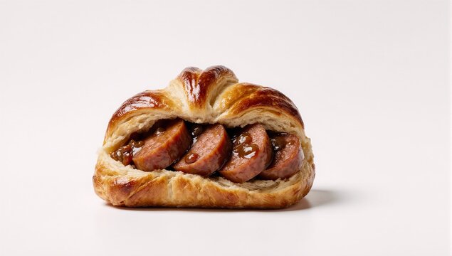 White background showcases an isolated Uff pastry with sausage inside