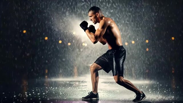 A muscular man is training in the rain, practicing his boxing moves with a determined expression on his face