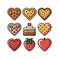 Heart shaped cookies pizza cake strawberry apple icons flat design vector