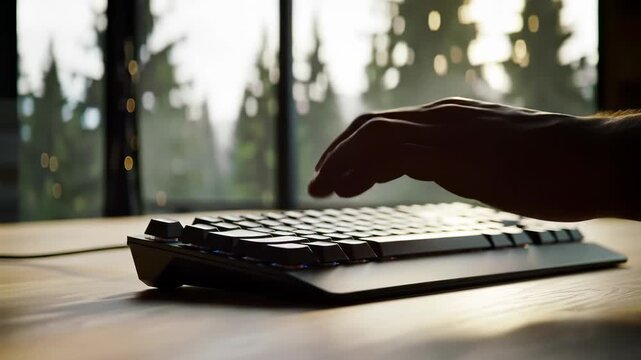 Remote Work Typing: Focused Adult Hand on Modern Keyboard at Sunny Home Office Desk, Promoting Digital Productivity.