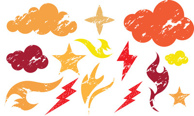 Crayon lightning, fire, clouds and star doodle shapes. Grunge-style clouds, stars, lightning bolts, and flame icons ideal for creative design, decoration, stickers, or digital illustration projects.