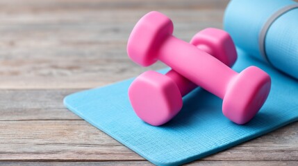 Pink dumbbells stand out against a blue yoga mat, inviting fitness enthusiasts to start a workout session. The serene setting encourages exercise and mindfulness