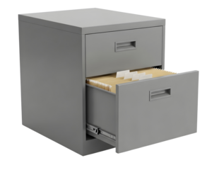 Grey two drawer metal filing cabinet with files isolated on transparent background