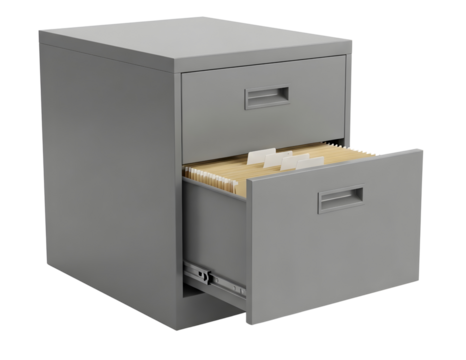 Grey two drawer metal filing cabinet with files isolated on transparent background
