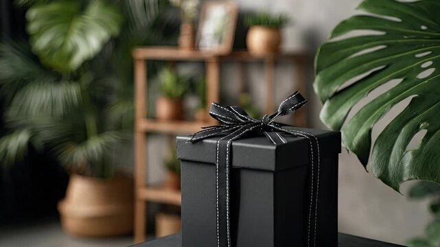 A black gift box with a stitched ribbon sits in a room filled with lush green houseplants including a large split-leaf philodendron creating a shallow depth of field effect