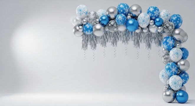 Arrangement of blue, silver, and white balloon forming an arch shape, some decorated with snowflake, and silver streamer, festive, decorative concept