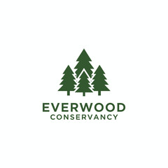 Logo features a group of stylized pine trees above text "Everwood Conservancy" in green