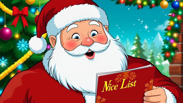 Happy santa claus man illustration with long white beard reading nice list for festive christmas holiday