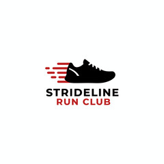 Black shoe silhouette with speed lines, text "STRIDELINE RUN CLUB" in black and red on white