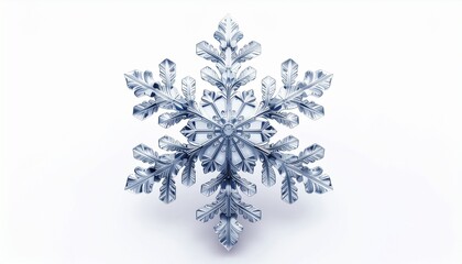 A close-up view of a detailed, symmetrical, icy snowflake on white background.