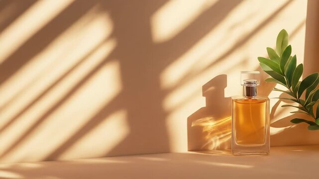 Glass perfume bottle with plant shadow on warm background