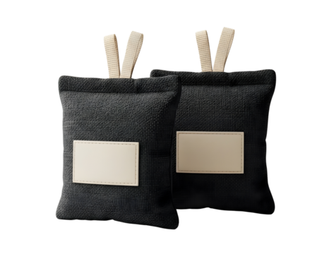 Two black drawstring bags with blank labels isolated on transparent background