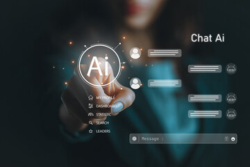 Women touching AI interface with digital messages and user interaction on futuristic screen.