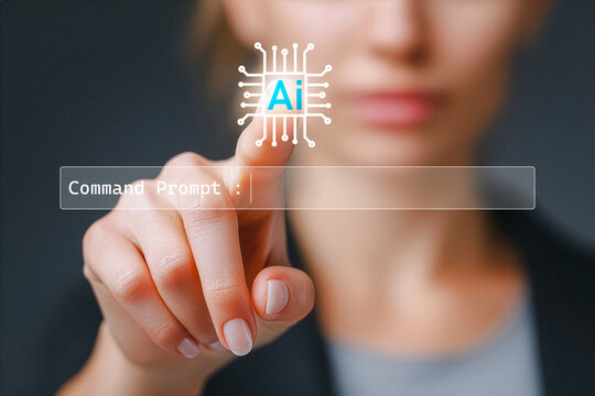 Women touching AI command prompt interface with digital tech innovation concept. - Powered by Adobe