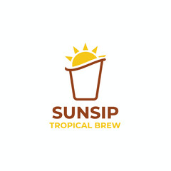 A logo of a stylized cup with a sun rising behind it, with text "Sunsip Tropical Brew" below