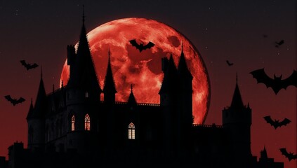 A gothic castle silhouette against a blood moon and ominous night sky with bats
