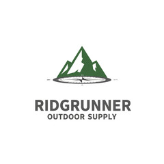 A logo shows green mountains above a compass with text beneath. It suggests adventure and supply