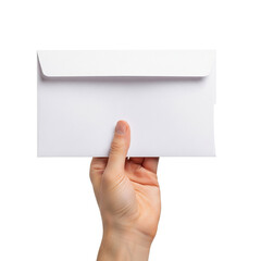 Fototapeta premium Hand holding a white envelope, isolated on a transparent background.