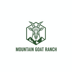 A geometric goat head within a hexagon, atop mountain silhouettes, text below