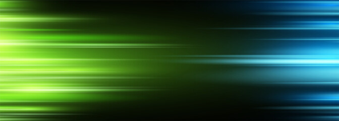 Black modern wide abstract technology background with green and blue glowing high-speed and movement light effect. Vector illustration