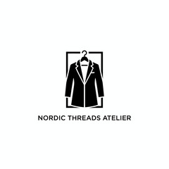 A black and white logo with a suit on a hanger inside a frame, with text below