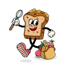 Retro Cartoon Banana Bread Mascot Holding Whisk and Grocery