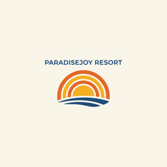 A resort logo features a stylized sunset over ocean waves. "PARADISEJOY RESORT" is above