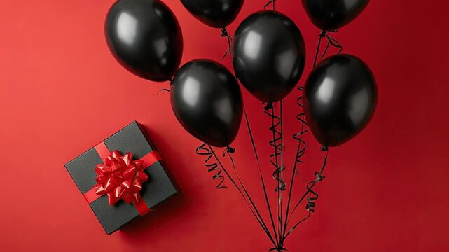 A black gift box with a red ribbon and bow next to a cluster of black balloons on a solid red background